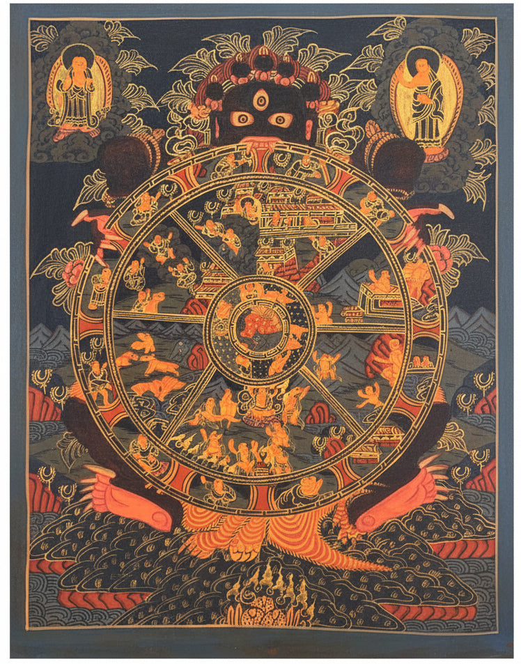 Traditional Hand-Painted Bhavachakra Thangka – The Wheel of Life
